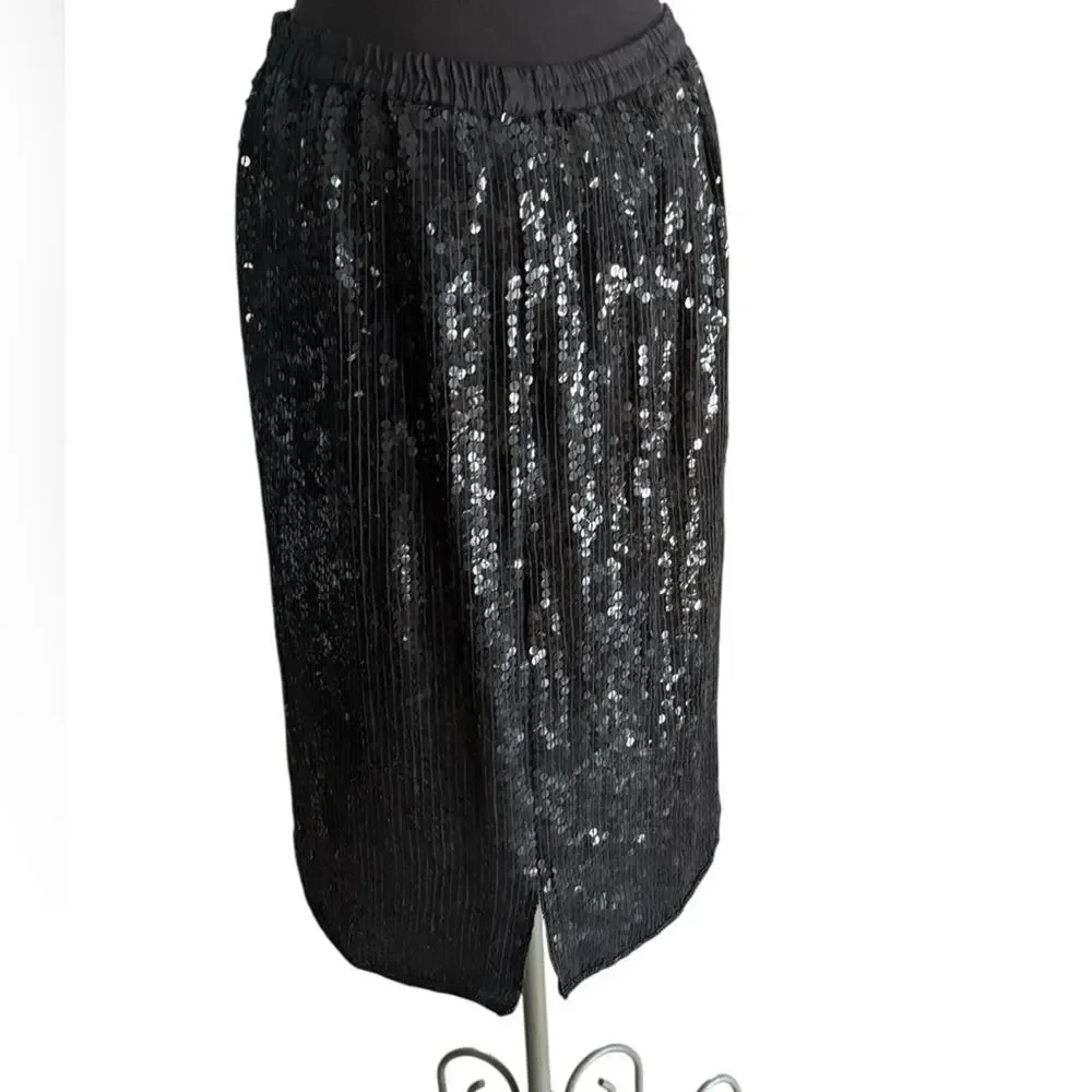 Vintage Albert Paul Black Sequin Silk Pencil Skirt Womens Sz M Knee Length Glam